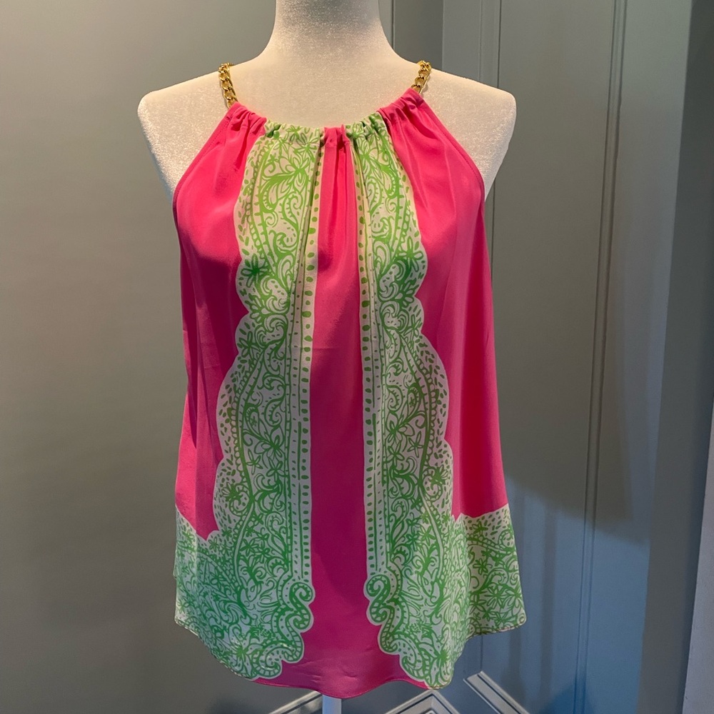 Lily Pulitzer-med.  Bright and fun colors for the summer. Great gold details.